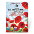 Seed packet for Corn Poppy American Legion with red flowers and 'The Old Farmer's Almanac' branding.