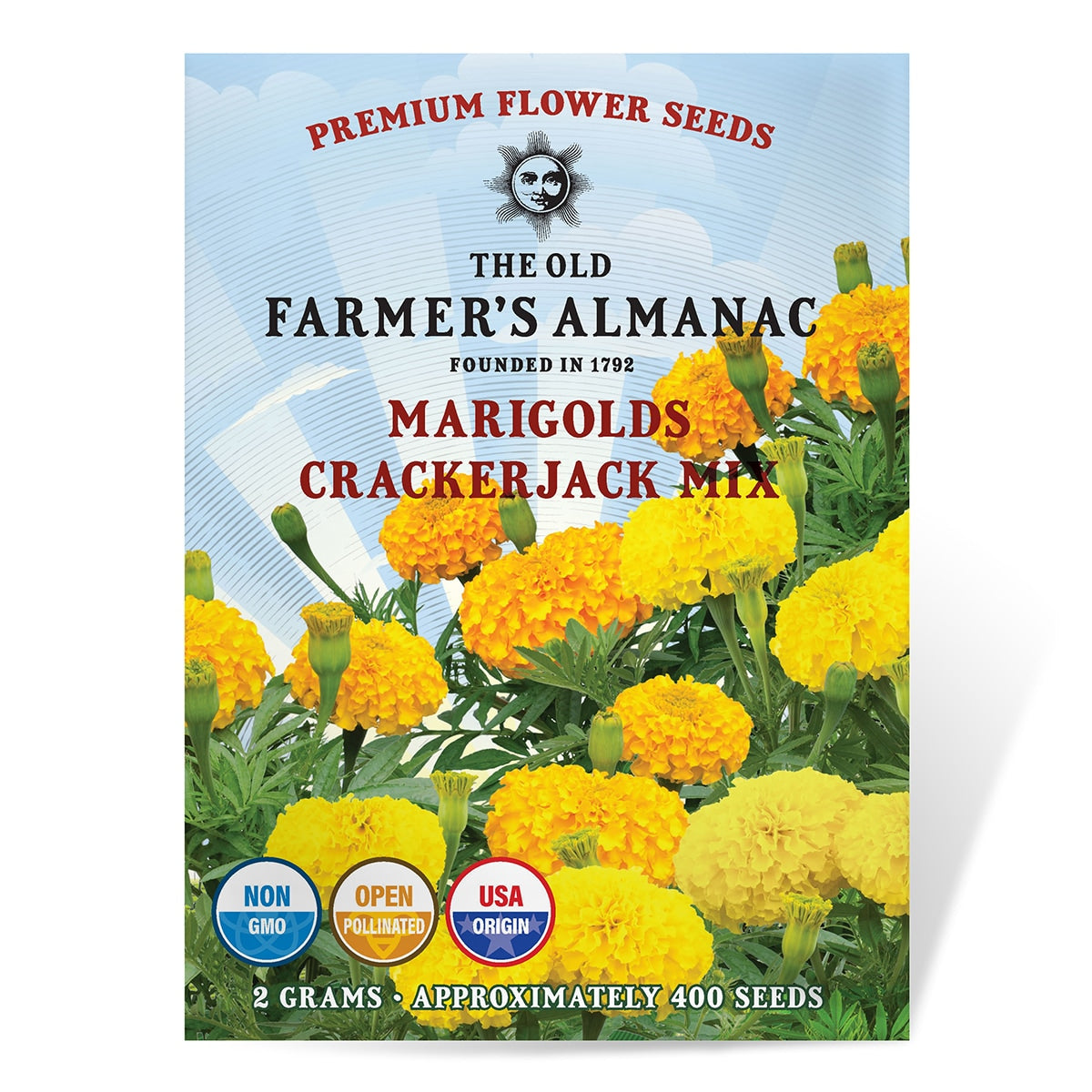 Seed packet for Marigolds Crackerjack Mix by The Old Farmer's Almanac with images of marigolds on a blue background.