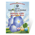 Morning glory seed packet from The Old Farmer's Almanac with blue flowers on a white background