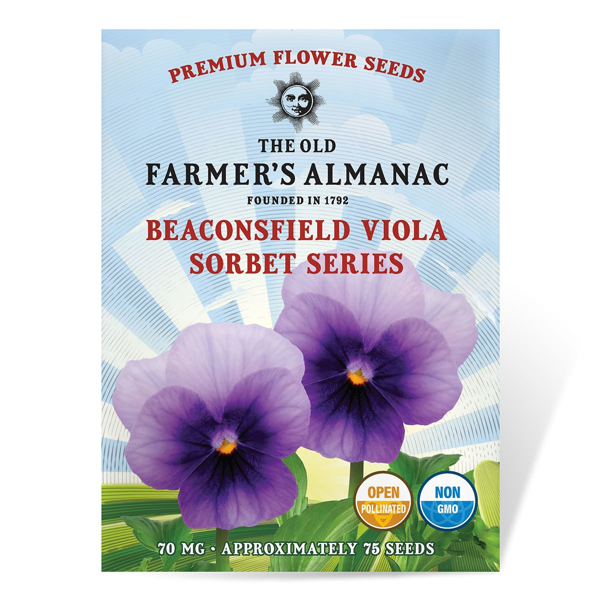 Beaconsfield Viola seed packet from The Old Farmer's Almanac with purple flowers on a blue background.