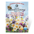 The Old Farmer's Almanac wildflower pollinator mix seed packet with flowers and a bee on a blue background.
