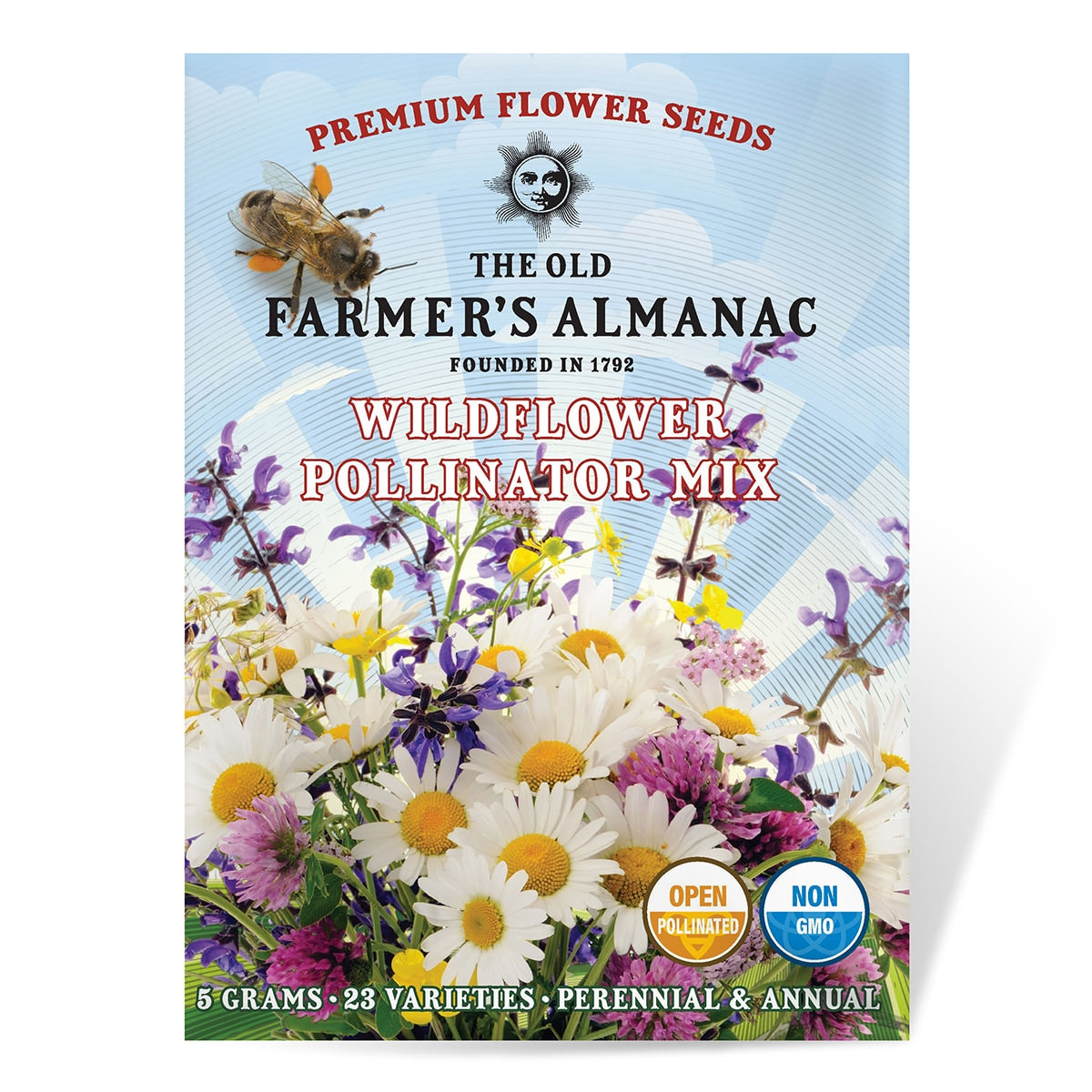 The Old Farmer's Almanac wildflower pollinator mix seed packet with flowers and a bee on a blue background.