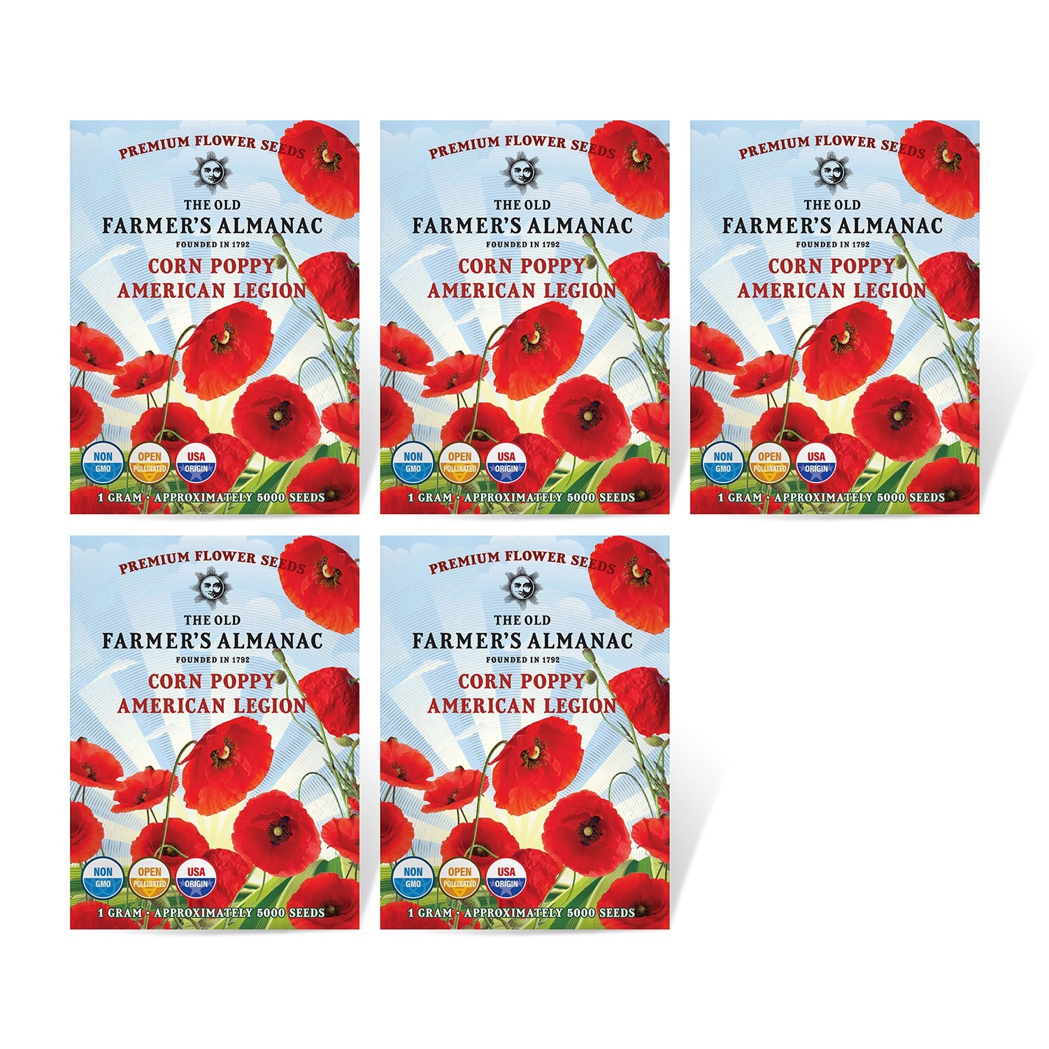 5 Pack of The Old Farmer's Almanac 
Corn Poppy Seeds
