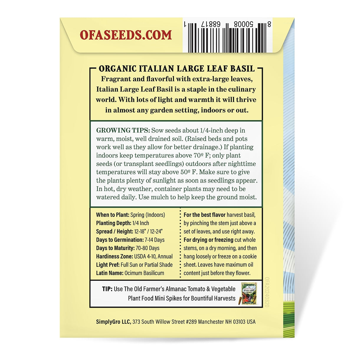 Back View of a Package of The Old Farmer's Almanac Seeds
