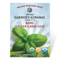 Basil seed packet from The Old Farmer's Almanac with green leaves and certification logos on a blue background.