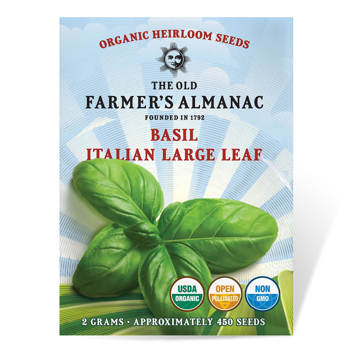 Basil seed packet from The Old Farmer's Almanac with green leaves and certification logos on a blue background.