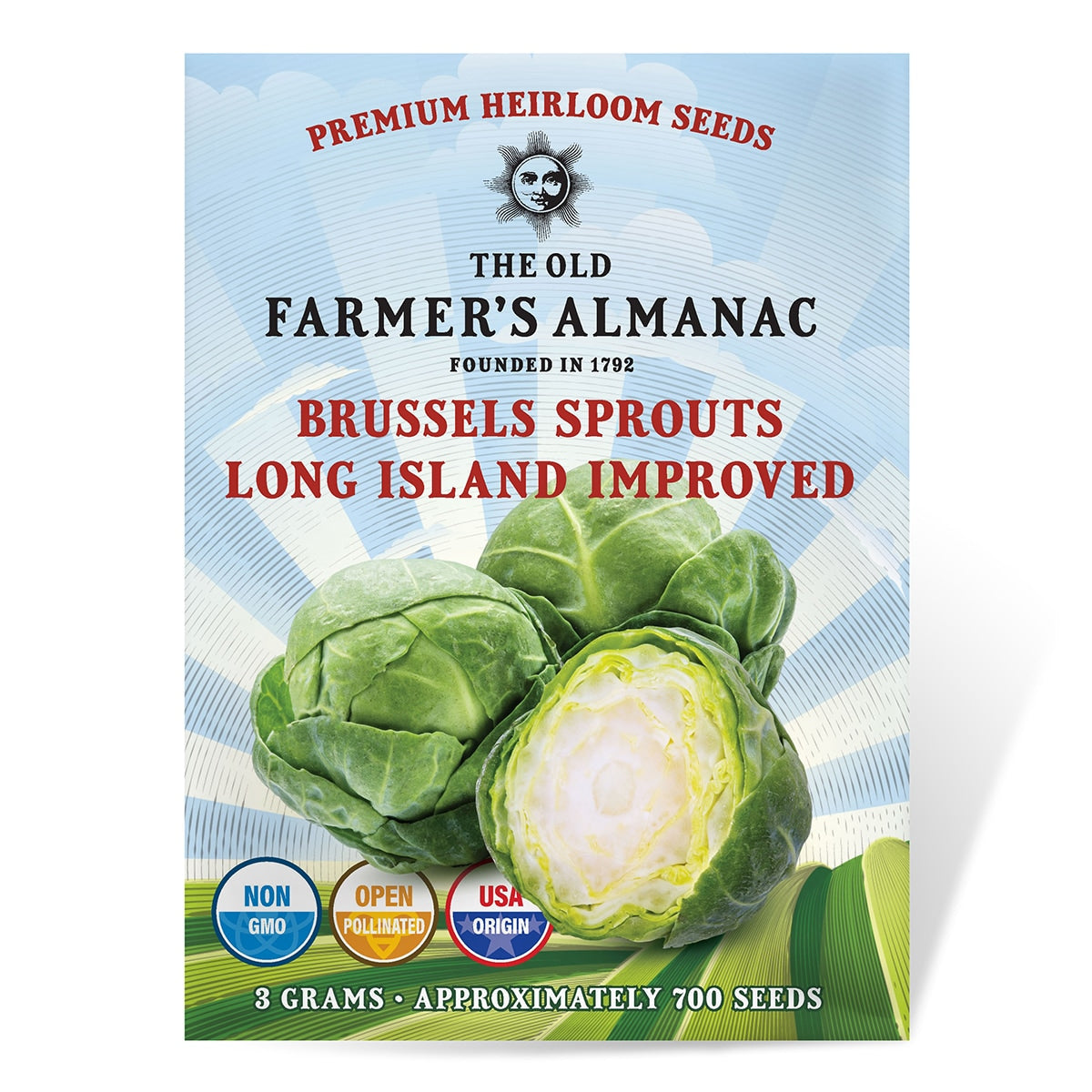 Brussels sprouts seed packet from The Old Farmer's Almanac on a white background