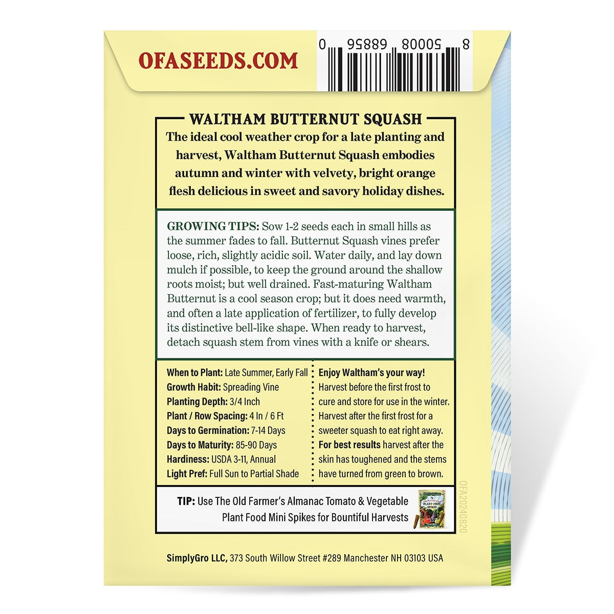 The back view of a Seed packet for Waltham Butternut winter squash from The Old Farmer's Almanac