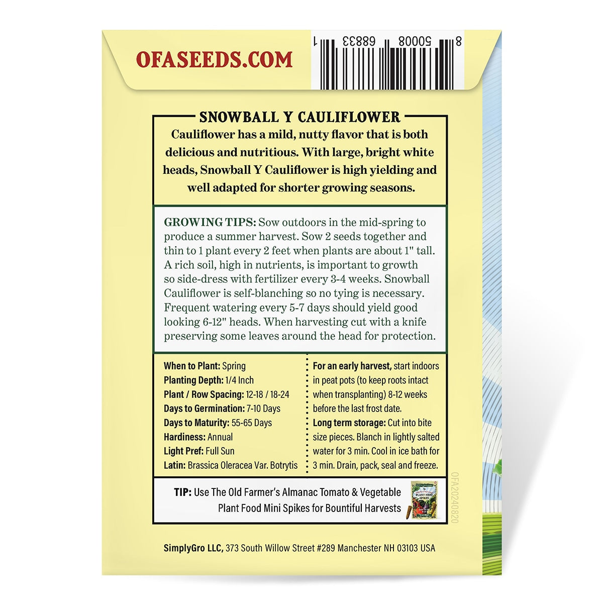 The back view of a Cauliflower seed packet from The Old Farmer's Almanac on a white background