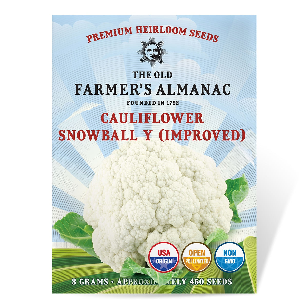 Cauliflower seed packet from The Old Farmer's Almanac on a white background