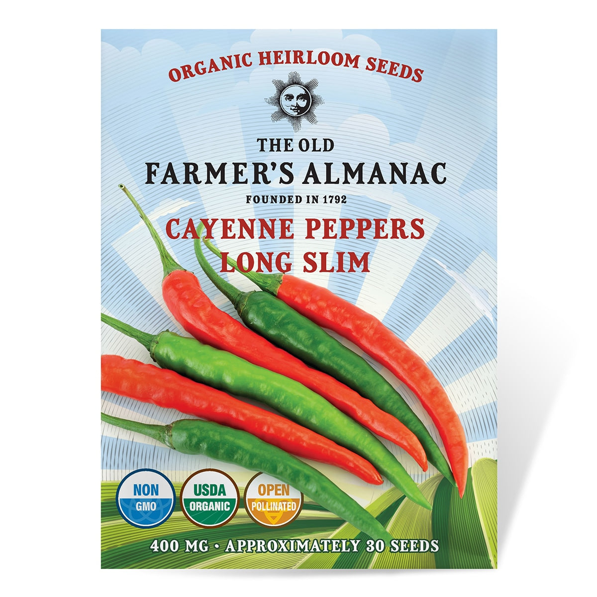 Seed packet for Cayenne Peppers Long Slim from The Old Farmer's Almanac with colorful peppers on a blue background.