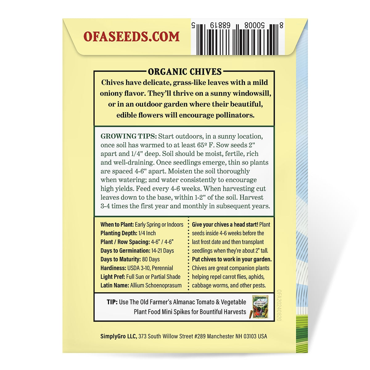 The back view of a Seed packet for chives from The Old Farmer's Almanac on a white background