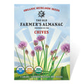 Seeds packet for chives from The Old Farmer's Almanac on a white background