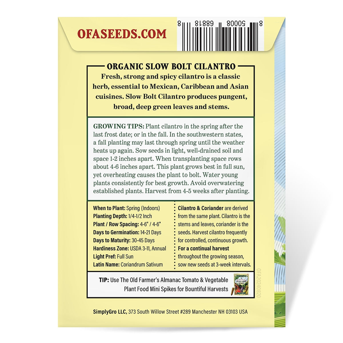 The back View of a Package of Organic Heirloom Seeds from The Old Farmer's Almanac featuring cilantro.