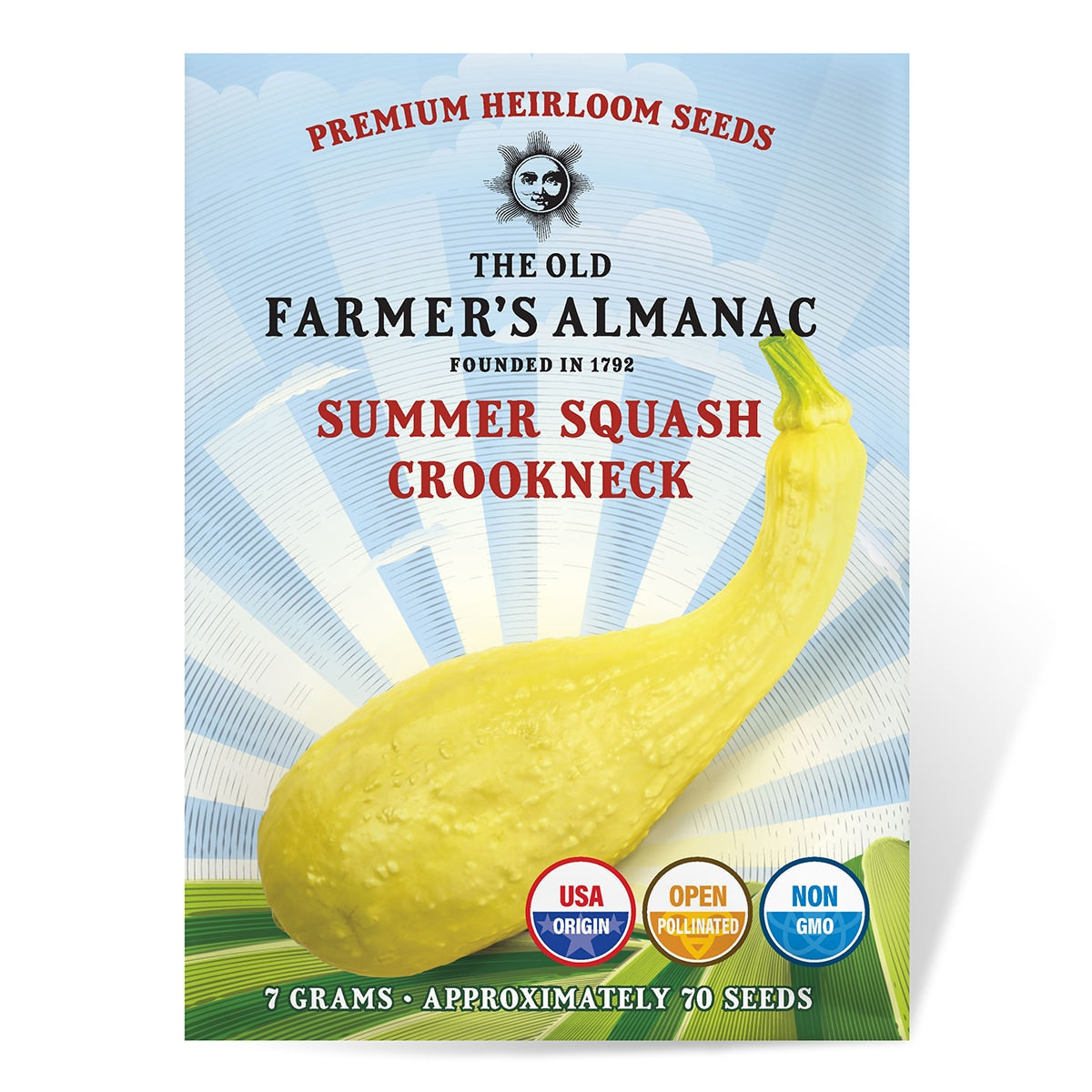 Seed packet for Summer Squash Crookneck from The Old Farmer's Almanac on a white background