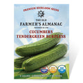 Seed packet for 'Tendergreen Burpless' cucumbers from The Old Farmer's Almanac on a white background.