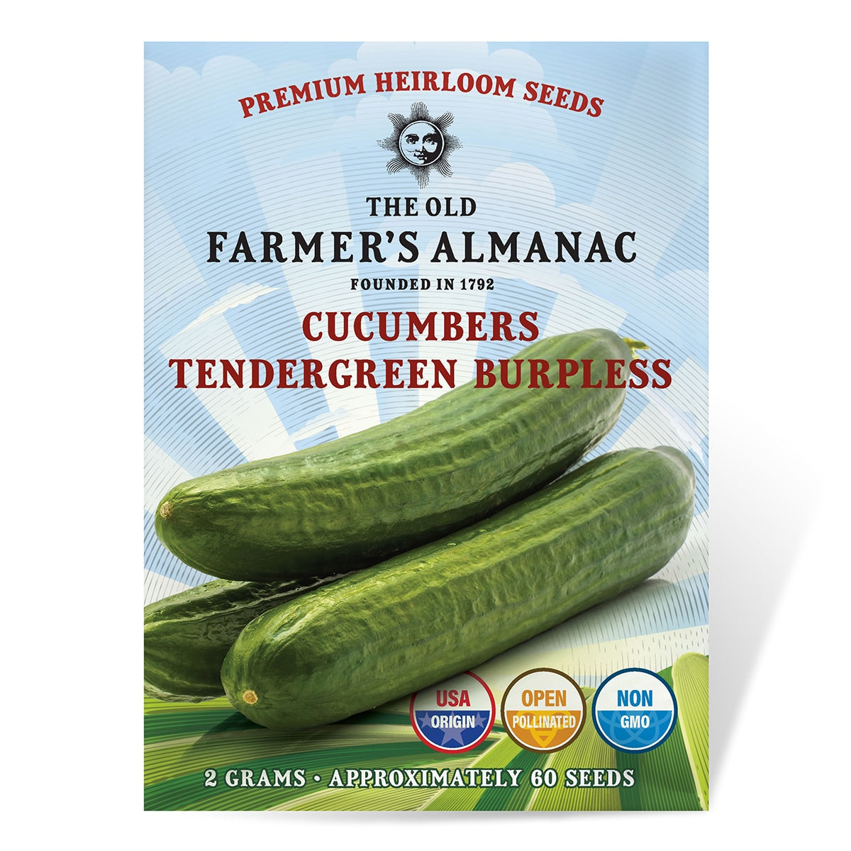 Seed packet for 'Tendergreen Burpless' cucumbers from The Old Farmer's Almanac on a white background.