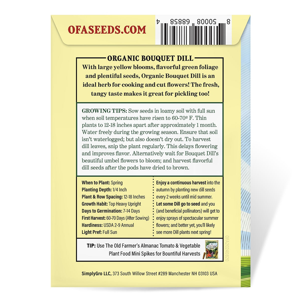 The Back view of a Dill bouquet seed packet from The Old Farmer's Almanac on a white background