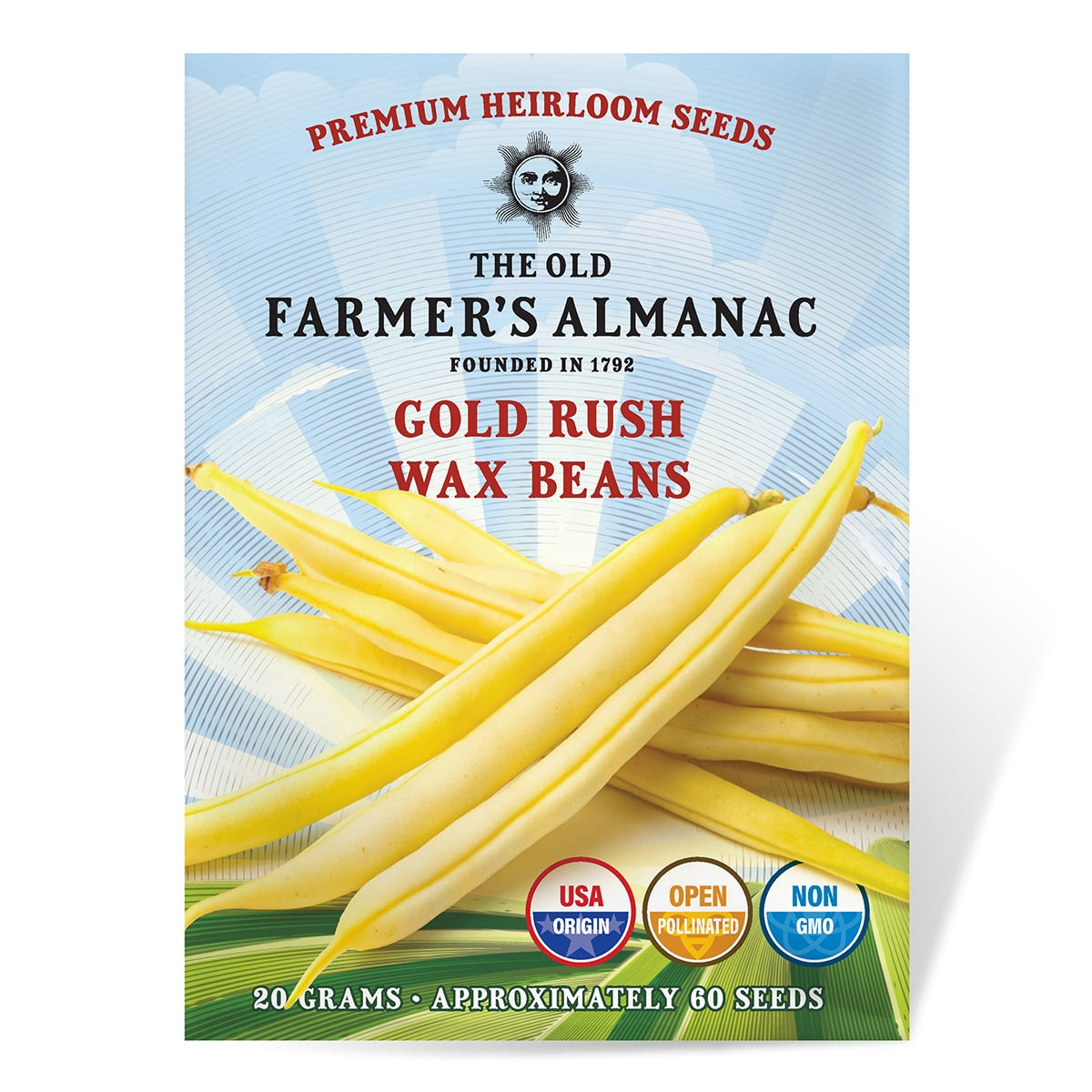 Seed packet for Gold Rush Wax Beans from The Old Farmer's Almanac on a white background
