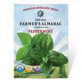 Peppermint seed packet from The Old Farmer's Almanac with green leaves on a blue and white background.