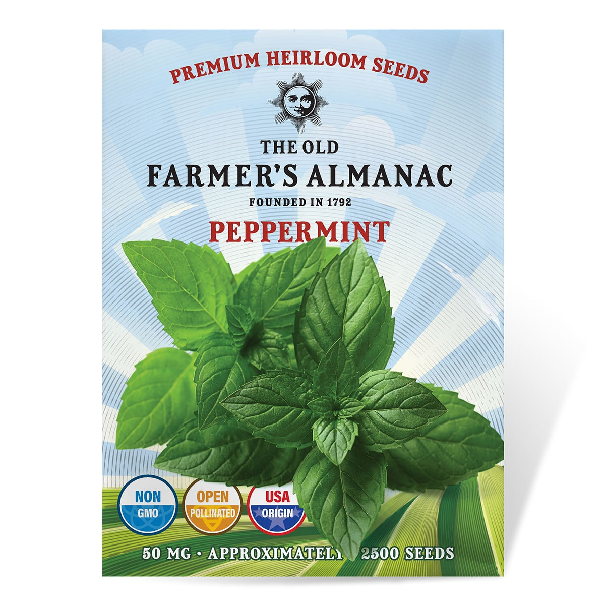 Peppermint seed packet from The Old Farmer's Almanac with green leaves on a blue and white background.
