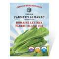 Seed packet for Romaine Lettuce Parris Island Cos from The Old Farmer's Almanac on a white background