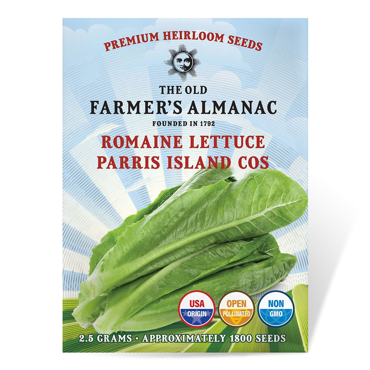 Seed packet for Romaine Lettuce Parris Island Cos from The Old Farmer's Almanac on a white background