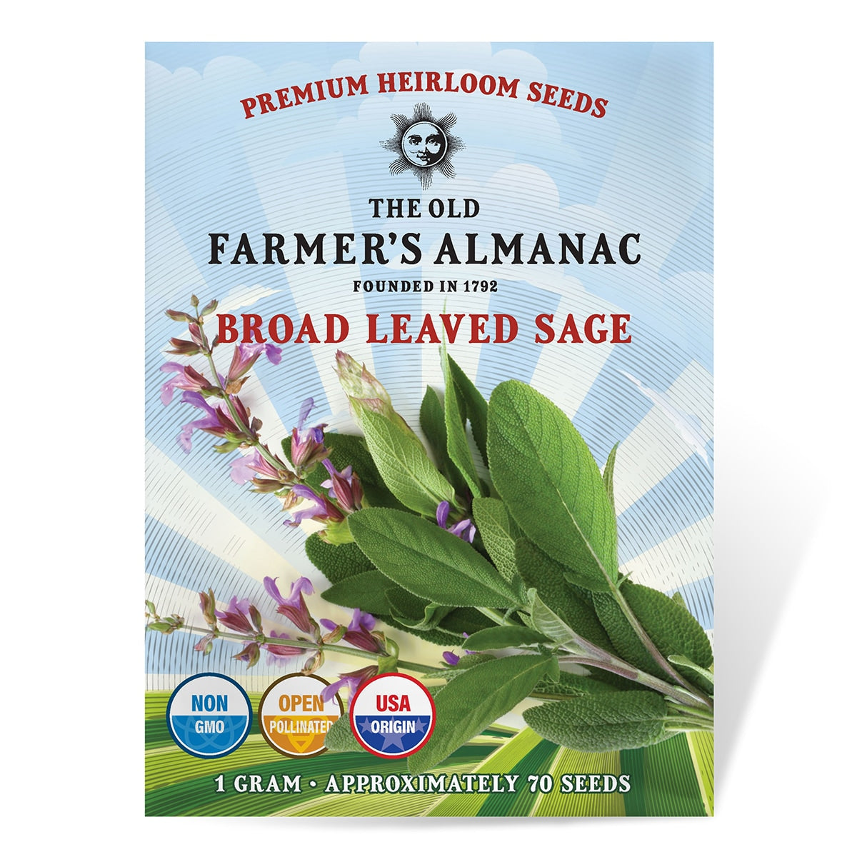 Seed packet for Broad Leaved Sage from The Old Farmer's Almanac on a white background