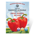 Seed packet for 'Sweet Peppers Big Red' from The Old Farmer's Almanac with two red peppers on a blue background.