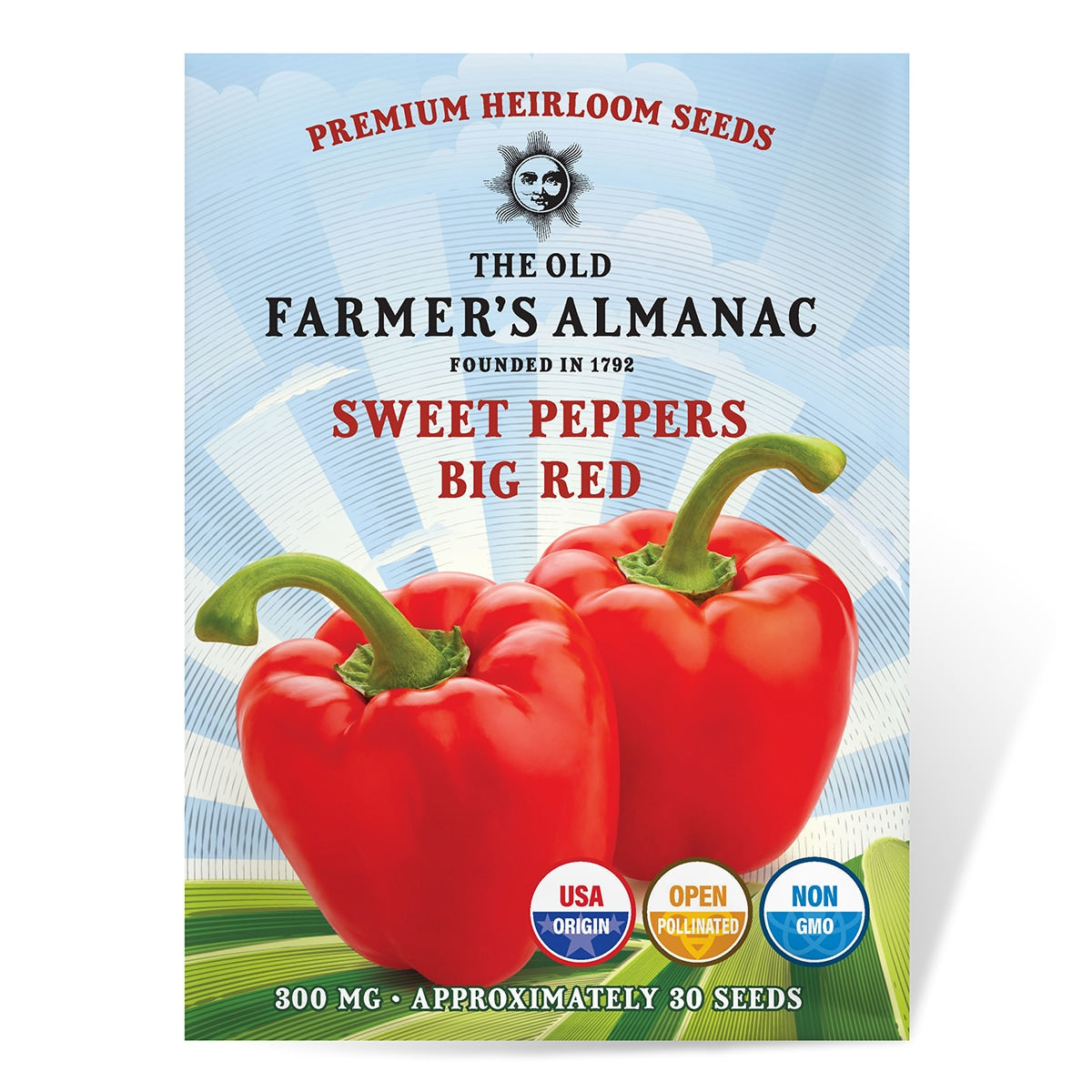 Seed packet for 'Sweet Peppers Big Red' from The Old Farmer's Almanac with two red peppers on a blue background.