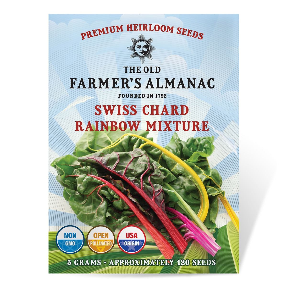 Seed packet for Swiss Chard Rainbow Mixture from The Old Farmer's Almanac on a white background