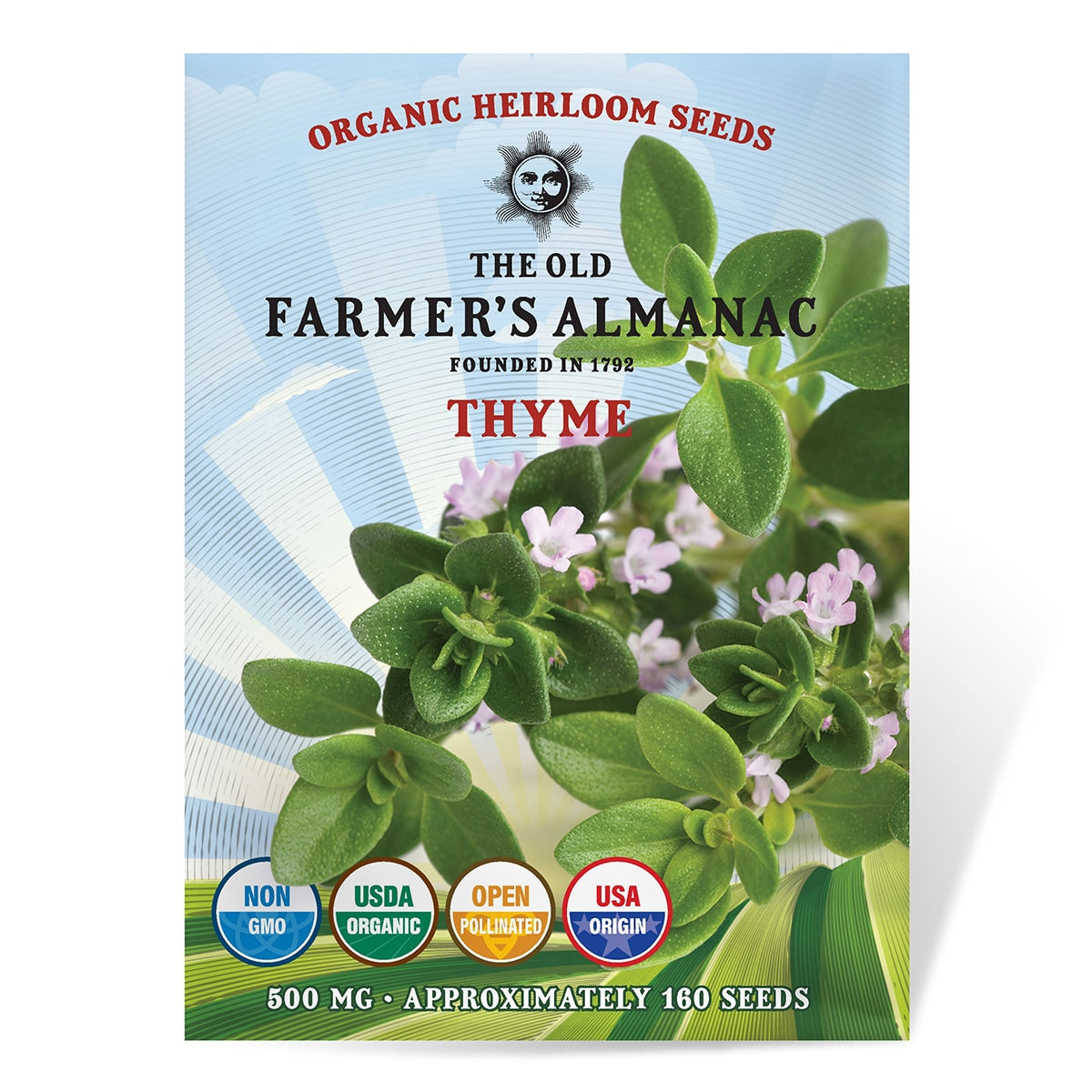 Thyme seed packet from The Old Farmer's Almanac with green leaves and flowers on a blue background.