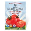Seed packet for 'Oregon Spring Tomatoes' by The Old Farmer's Almanac with tomatoes and branding details.