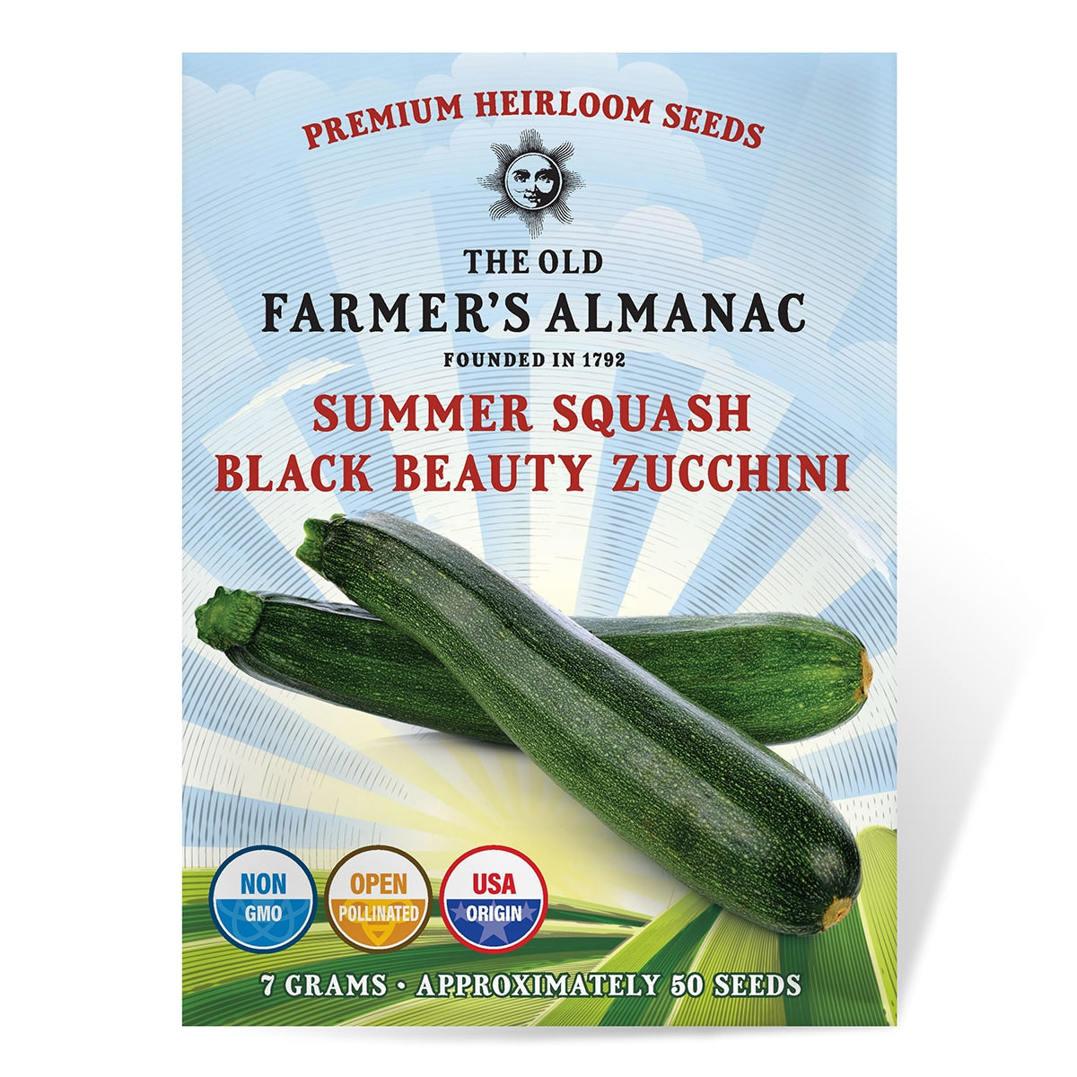 Seed packet for 'Black Beauty Zucchini' from The Old Farmer's Almanac on a white background