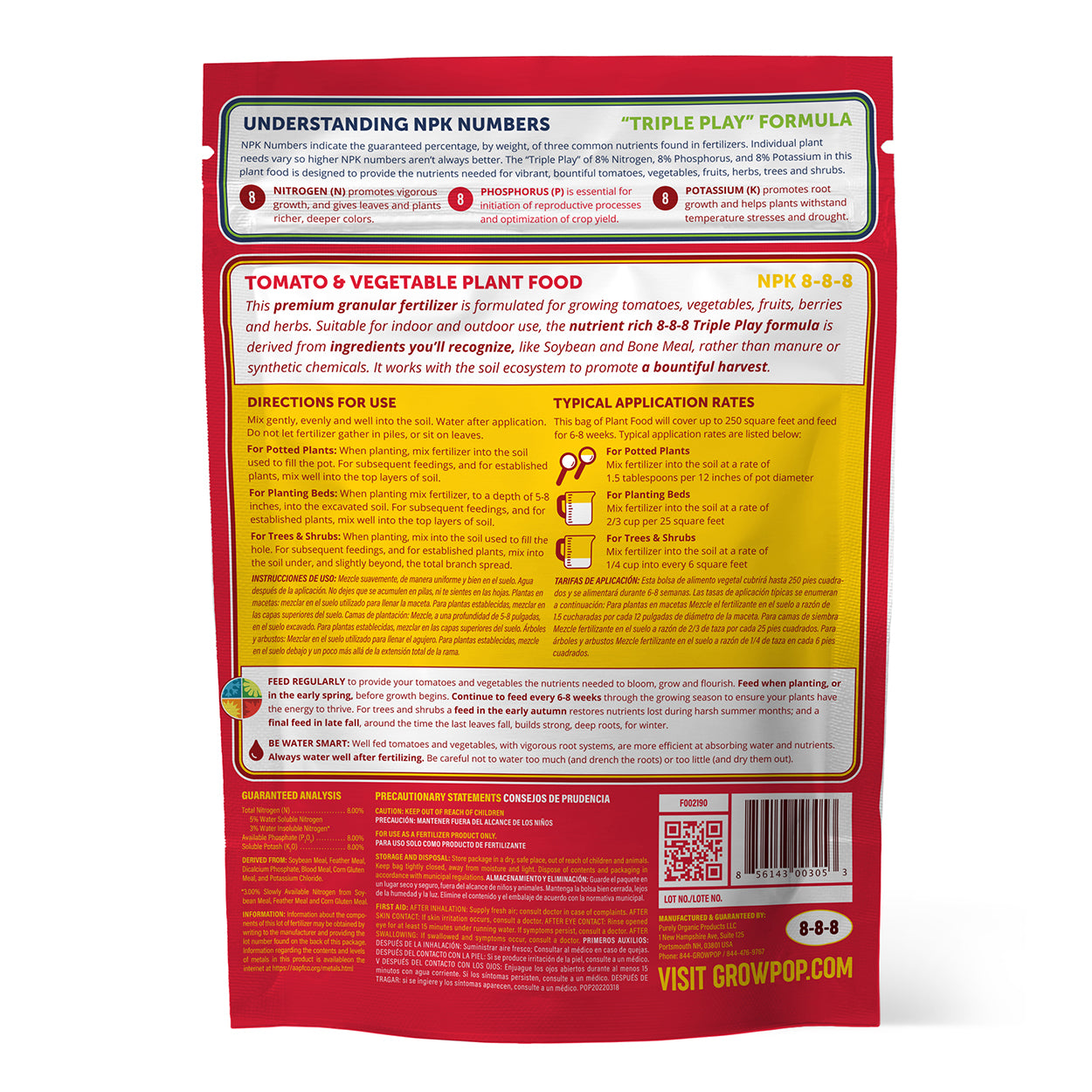 Back view of Nitrogen Phosphorus Potassium tomato and vegetable plant food package on a white background.