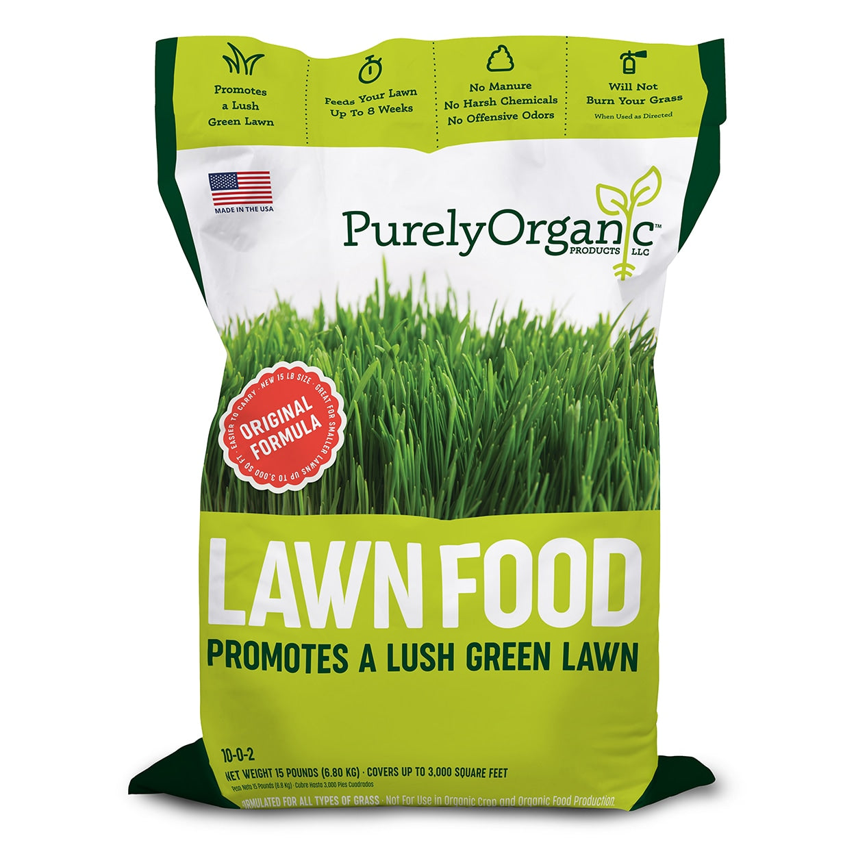 Bag of Purely Organic lawn food with green grass image on a white background