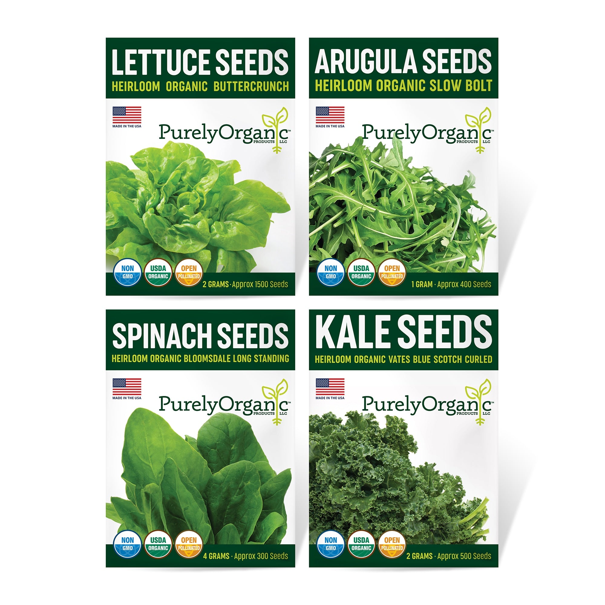 Four Purely Organic seed packets for lettuce, arugula, spinach, and kale on a white background.