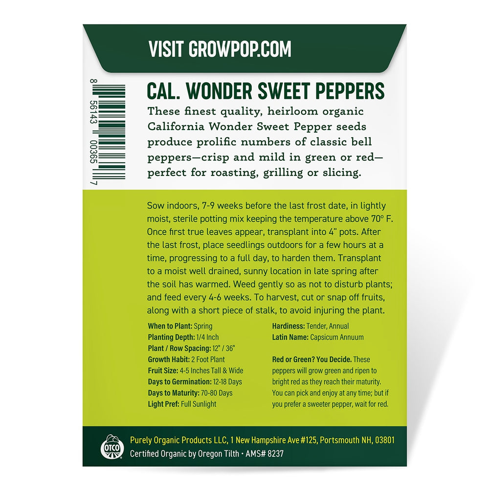 Purely Organic California Wonder Sweet Pepper Seeds - USDA Organic, Non-GMO, Open Pollinated, Heirloom, USA Origin, Vegetable Seeds