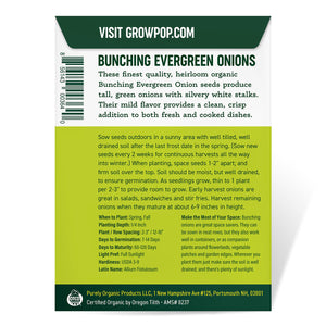 Purely Organic Bunching Evergreen Onion Seeds - USDA Organic, Non-GMO, Open Pollinated, Heirloom, USA Origin, Vegetable Seeds