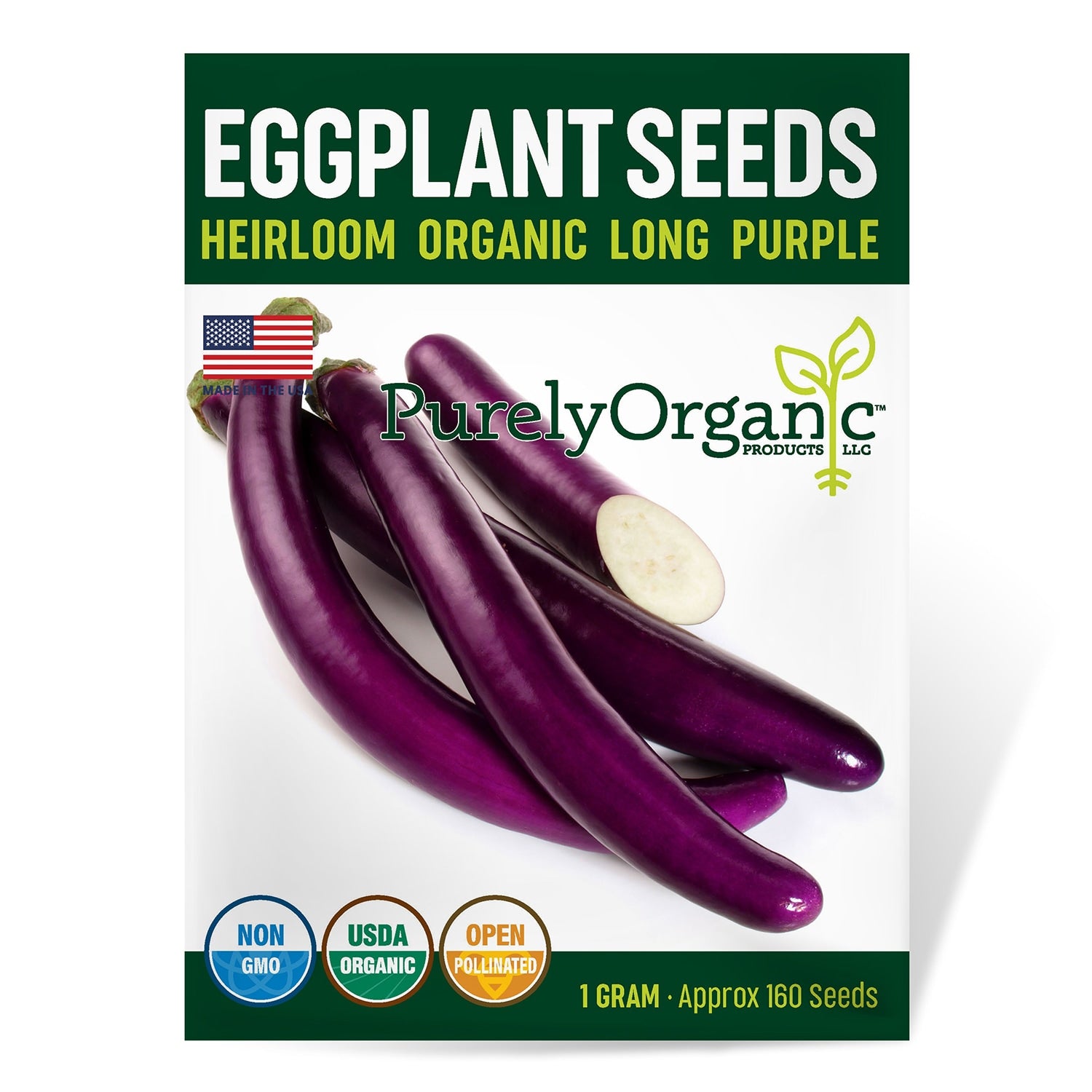 Eggplant seeds package with purple eggplants and 'Purely Organic' branding on a white background.