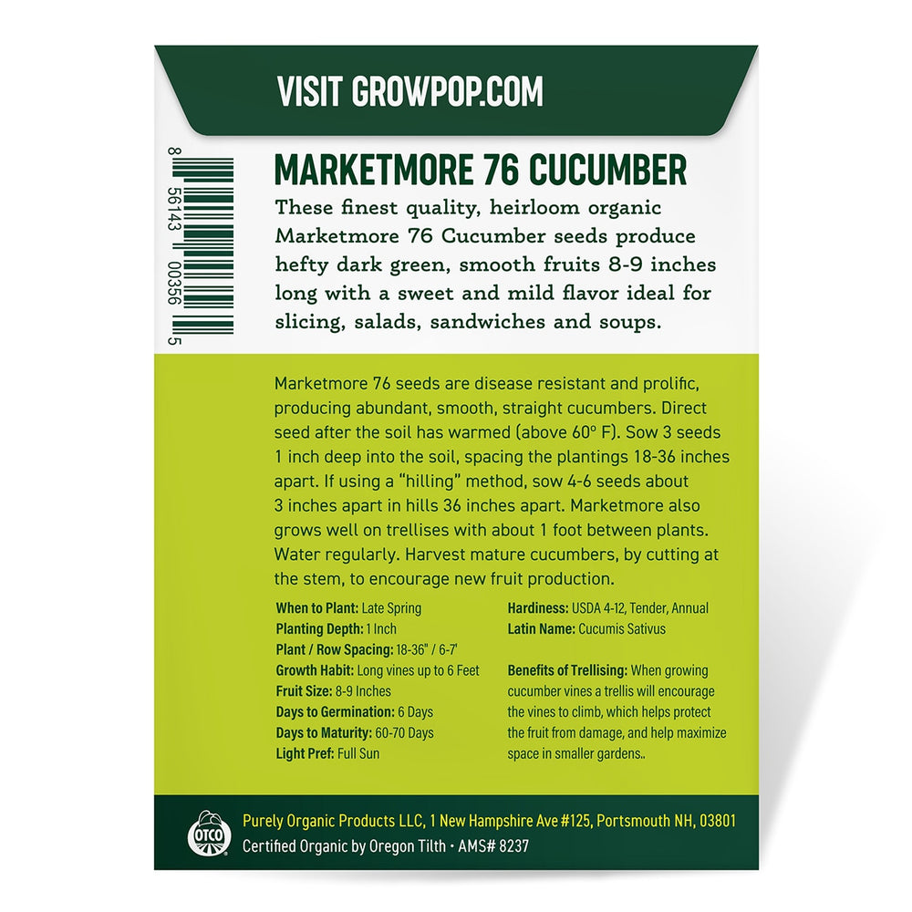 Purely Organic Marketmore 76 Cucumber Seeds - USDA Organic, Non-GMO, Open Pollinated, Heirloom, USA Origin, Vegetable Seeds