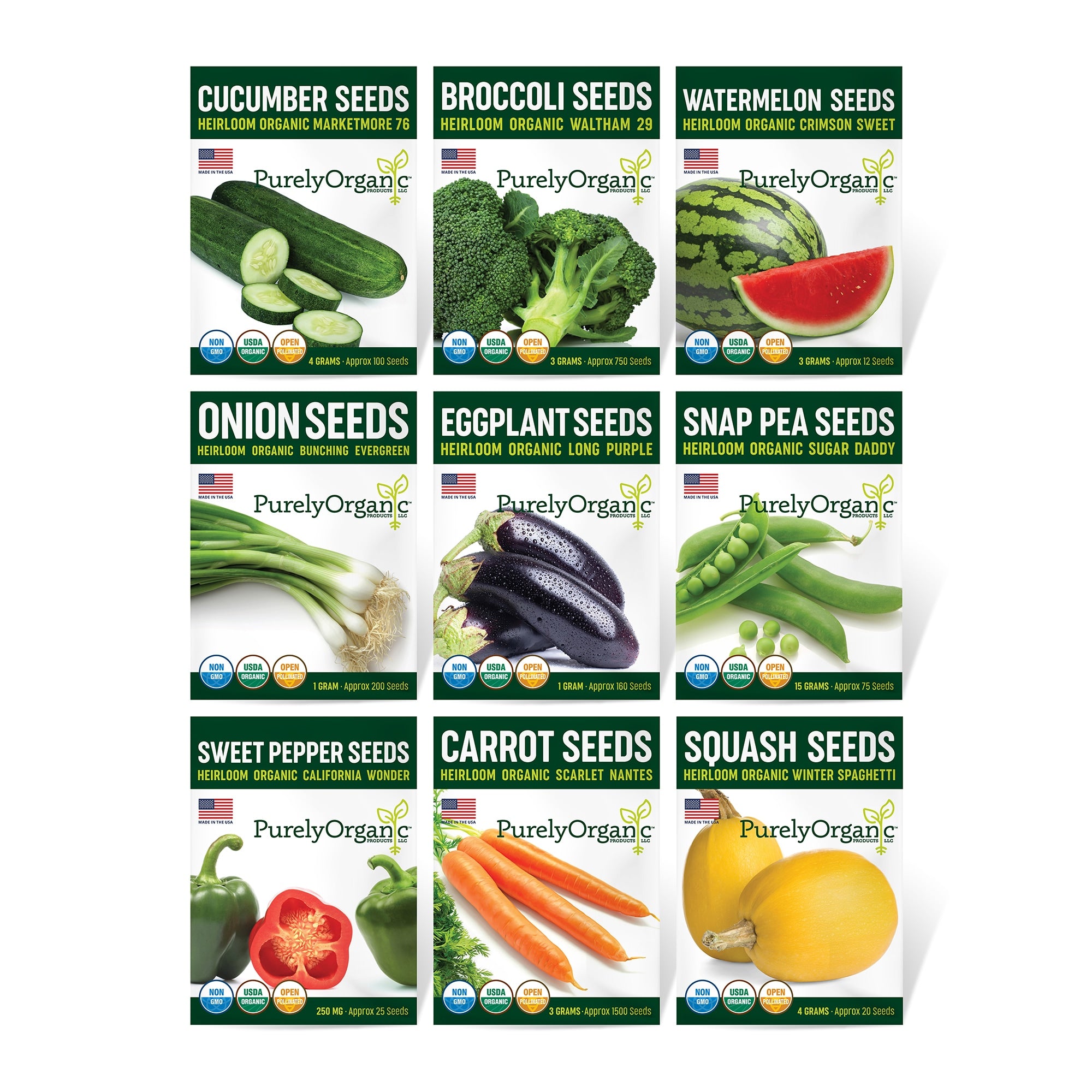 Collection of Purely Organic vegetable seed packets on a white background