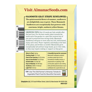 The Old Farmer's Almanac Mammoth Gray Strip Sunflower Seeds - Premium Non-GMO, Open Pollinated, USA Origin, Flower Seeds