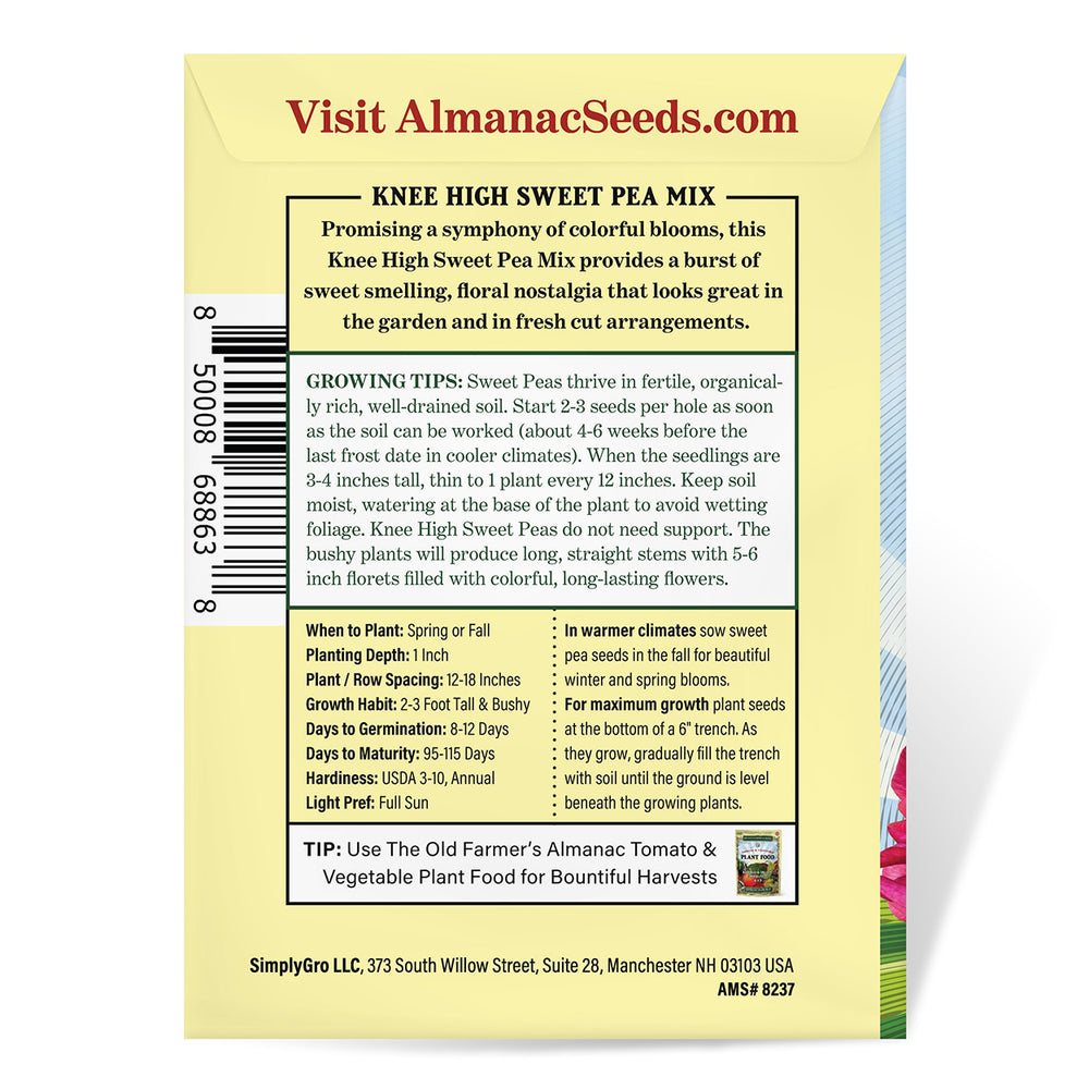 The Old Farmer's Almanac Knee High Mix Sweet Pea Seeds - Premium Non-GMO, Open Pollinated, USA Origin, Flower Seeds