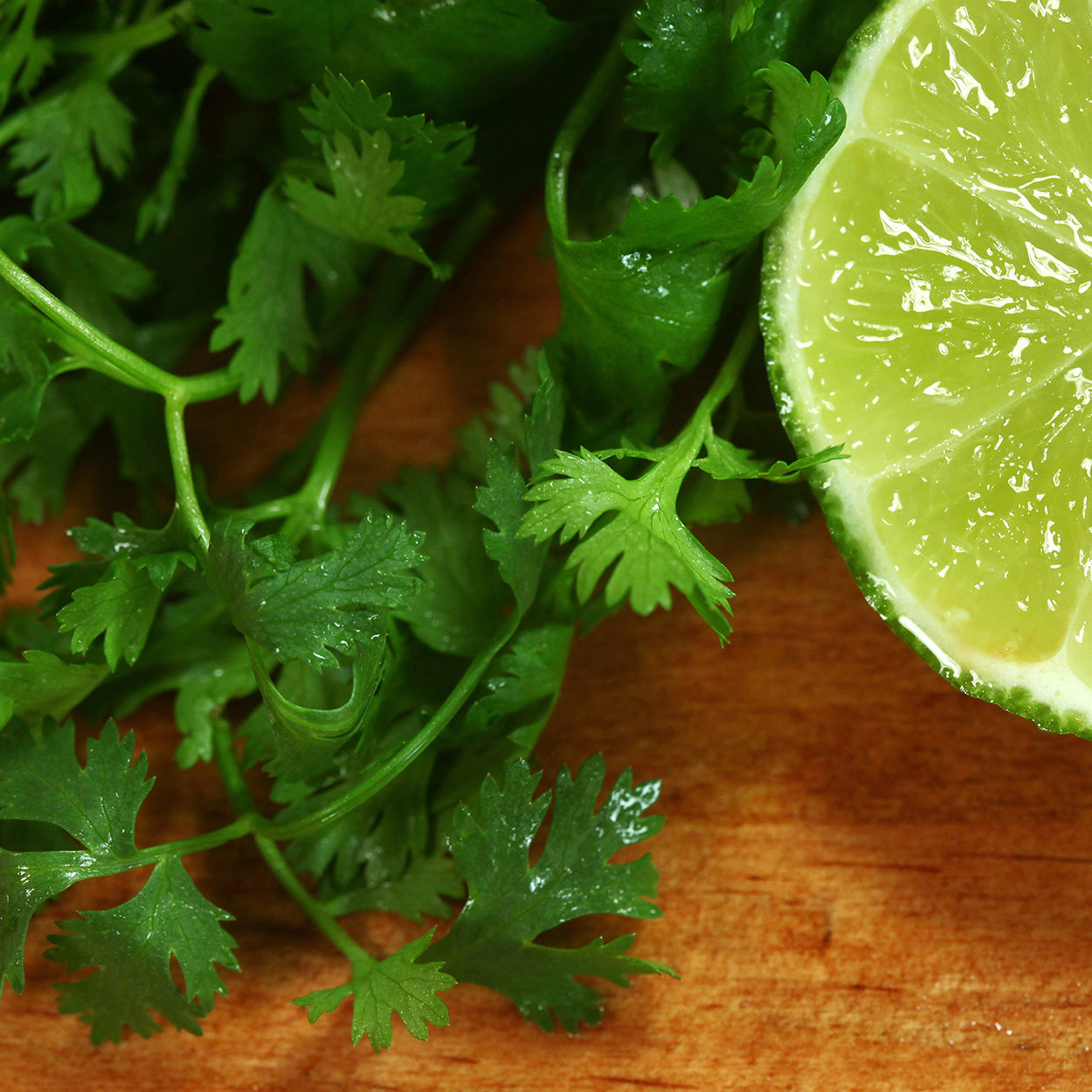 Cilantro on the counter next to a lime 