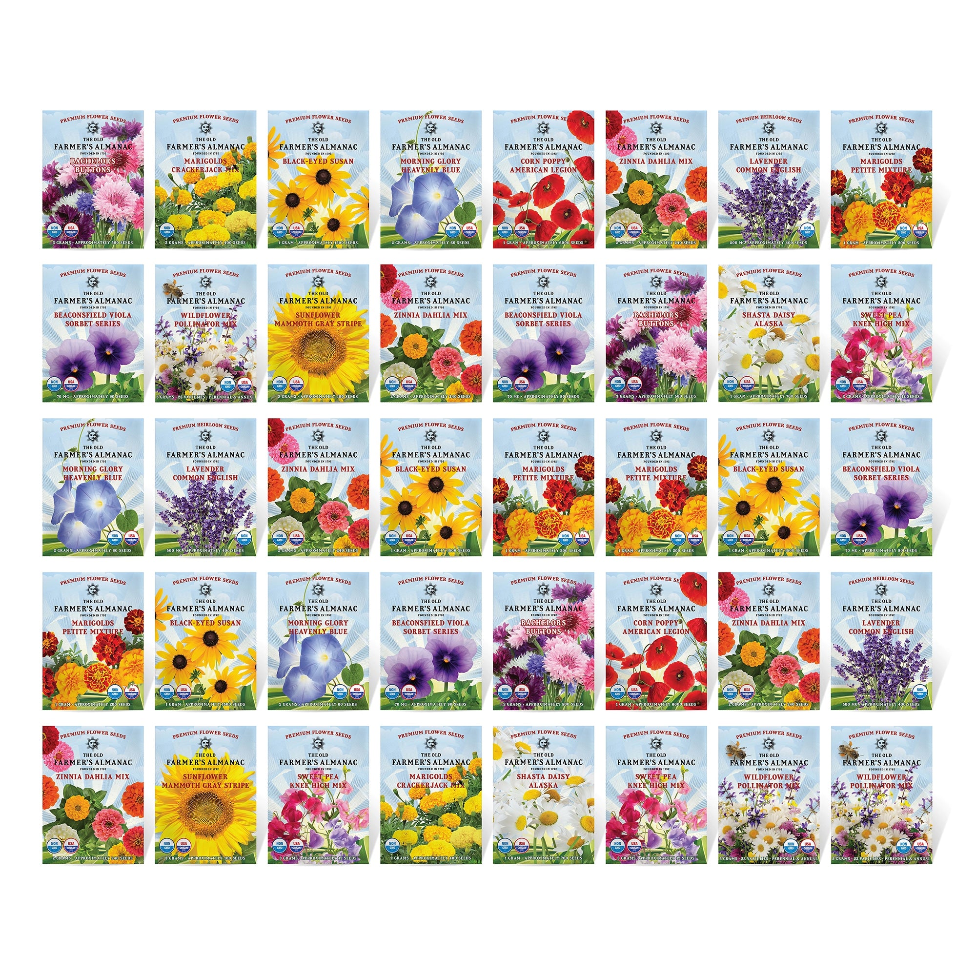 Grid of various seed packets with colorful floral designs on a white background