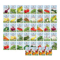 Grid of Farmer's Almanac seed packets with various vegetables on a white background